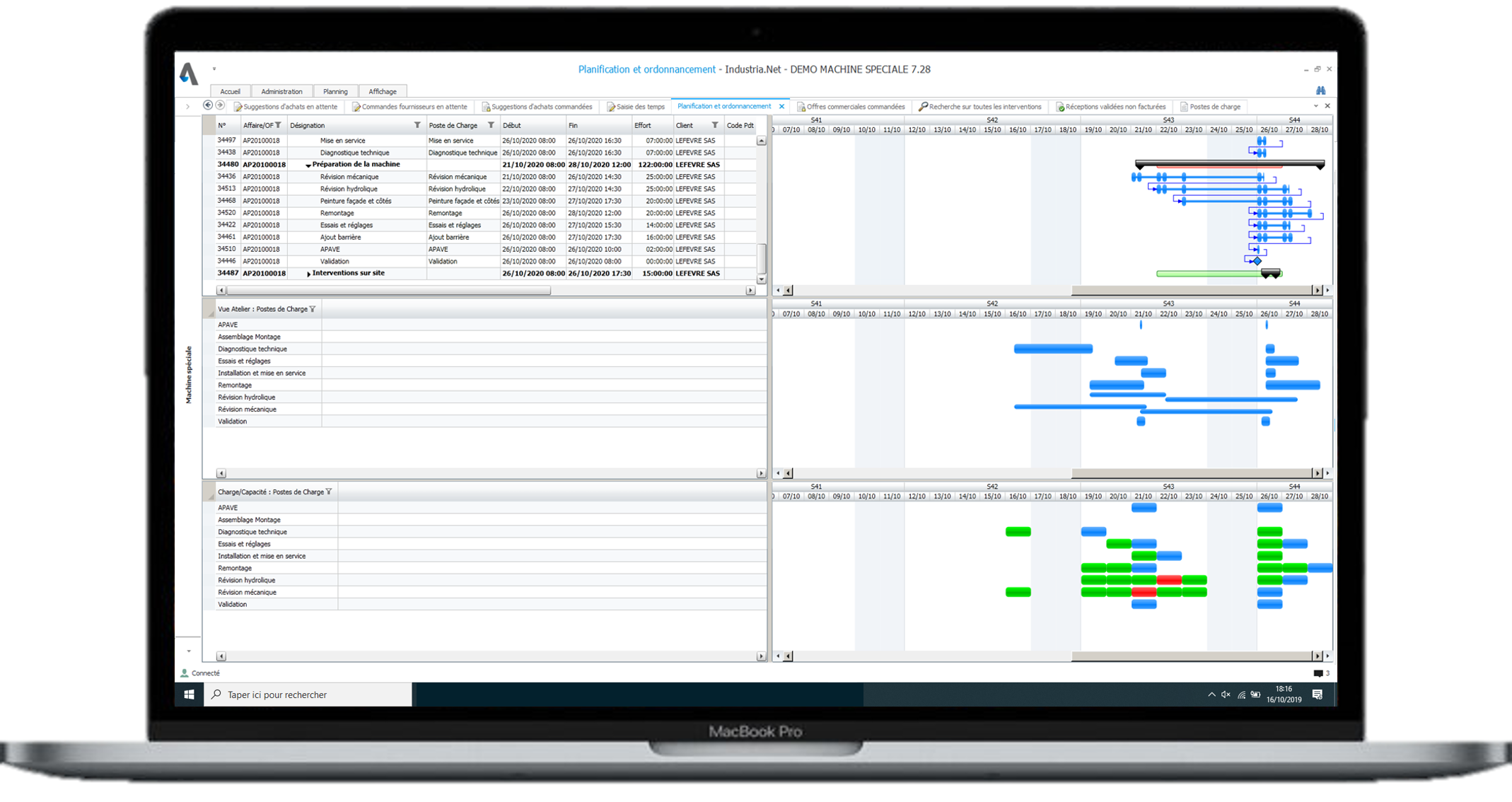 Copie écran de la fonctionnalité planning de production, ordonnancement de l' ERP Industria